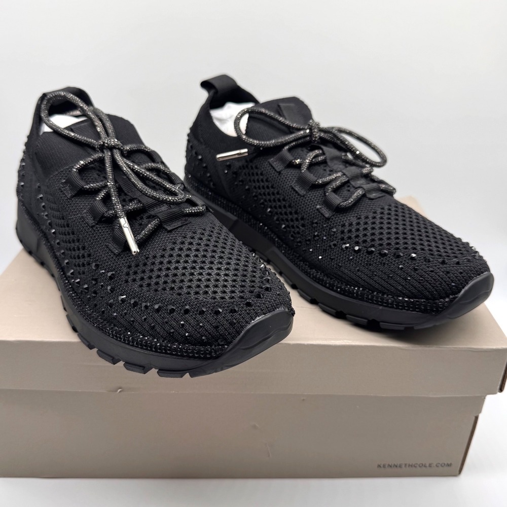 Kenneth Cole Reaction Kacey Black Knit Rhinestone Sneakers RL24KAC01 Womens 8.5
